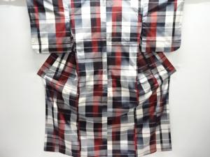 格子織出し手織り節紬着物